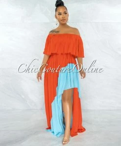 Vendor-unknown Paloma Orange Blue Pleated Asymmetrical Maxi Dress