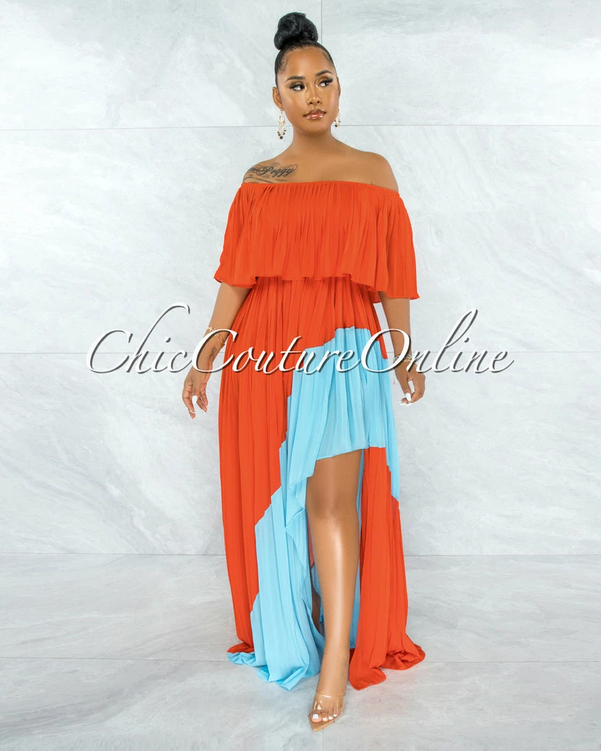 Vendor-unknown Paloma Orange Blue Pleated Asymmetrical Maxi Dress
