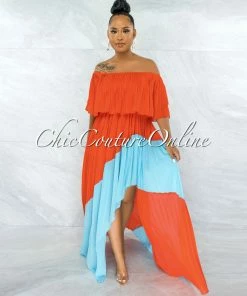 Vendor-unknown Paloma Orange Blue Pleated Asymmetrical Maxi Dress
