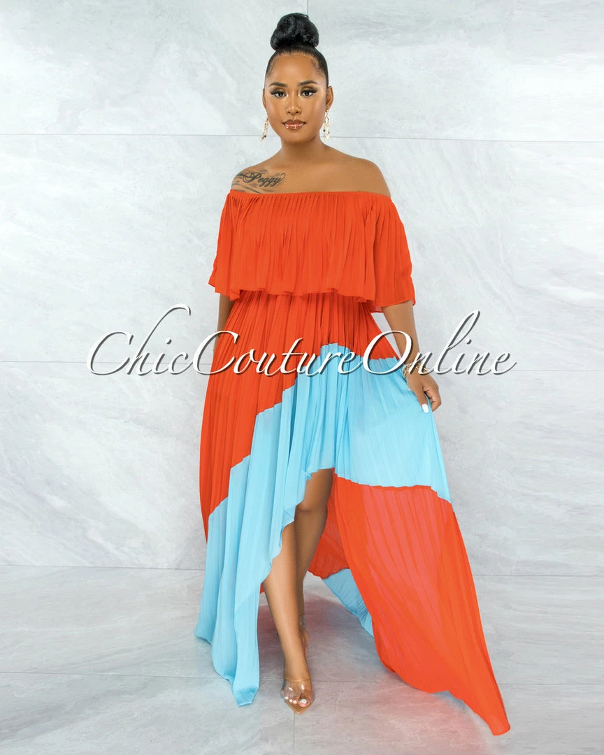 Vendor-unknown Paloma Orange Blue Pleated Asymmetrical Maxi Dress