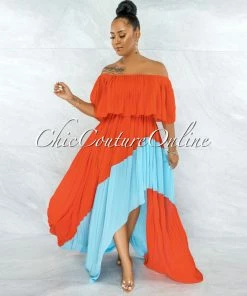 Vendor-unknown Paloma Orange Blue Pleated Asymmetrical Maxi Dress