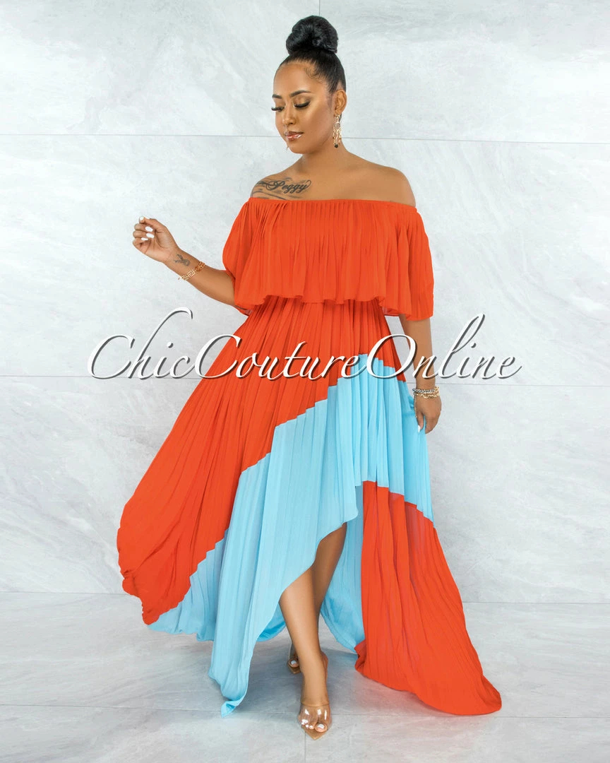 Vendor-unknown Paloma Orange Blue Pleated Asymmetrical Maxi Dress