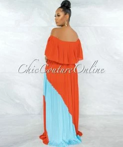 Vendor-unknown Paloma Orange Blue Pleated Asymmetrical Maxi Dress