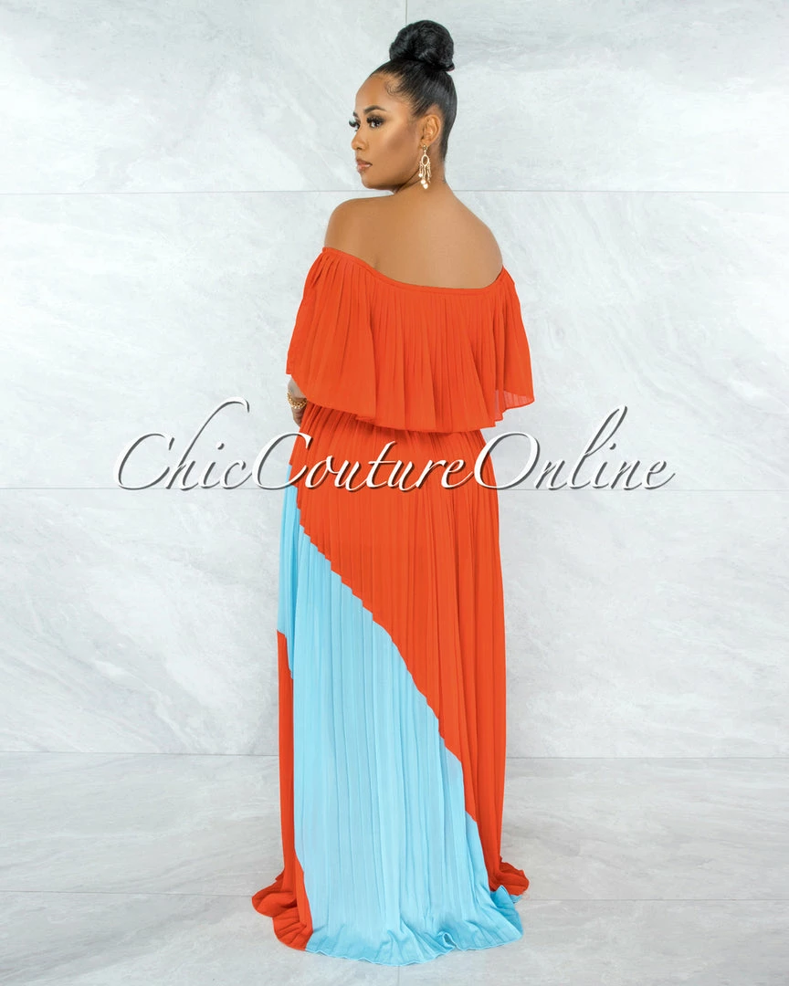 Vendor-unknown Paloma Orange Blue Pleated Asymmetrical Maxi Dress
