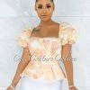 Vendor-unknown JUST IN Qusay Peach Floral Print Satin Lace-Up Corset Top