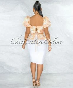 Vendor-unknown JUST IN Qusay Peach Floral Print Satin Lace-Up Corset Top
