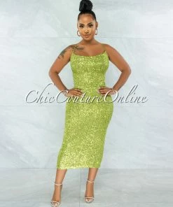 Vendor-unknown Tamari Apple Green Sequins Lace-Up Open Back Midi Dress JUST IN