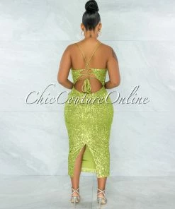 Vendor-unknown Tamari Apple Green Sequins Lace-Up Open Back Midi Dress JUST IN