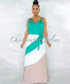 Vendor-unknown JUST IN Merida Green White Nude Block Color Maxi Dress