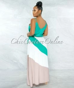 Vendor-unknown JUST IN Merida Green White Nude Block Color Maxi Dress