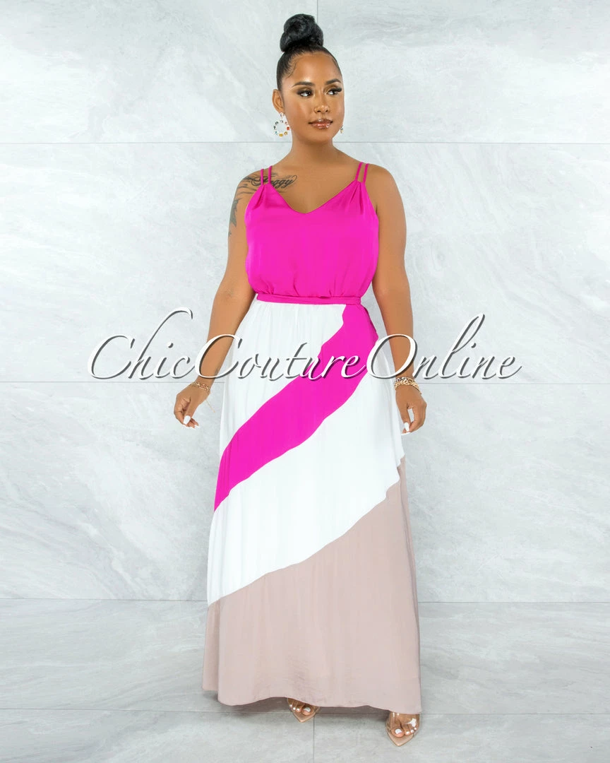 Vendor-unknown JUST IN Merida Hot Pink White Nude Block Color Maxi Dress