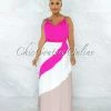 Vendor-unknown JUST IN Merida Hot Pink White Nude Block Color Maxi Dress