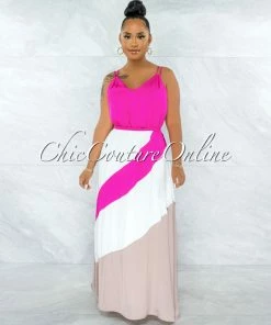 Vendor-unknown JUST IN Merida Hot Pink White Nude Block Color Maxi Dress