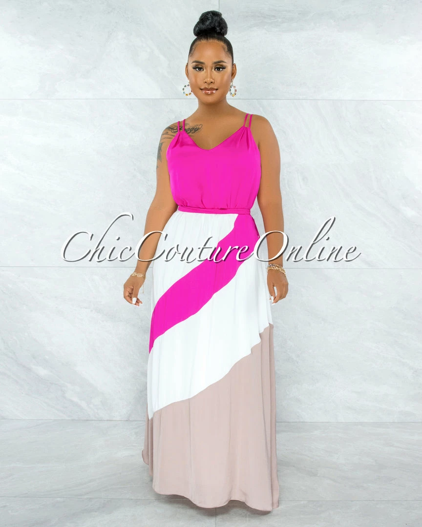 Vendor-unknown JUST IN Merida Hot Pink White Nude Block Color Maxi Dress
