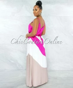 Vendor-unknown JUST IN Merida Hot Pink White Nude Block Color Maxi Dress