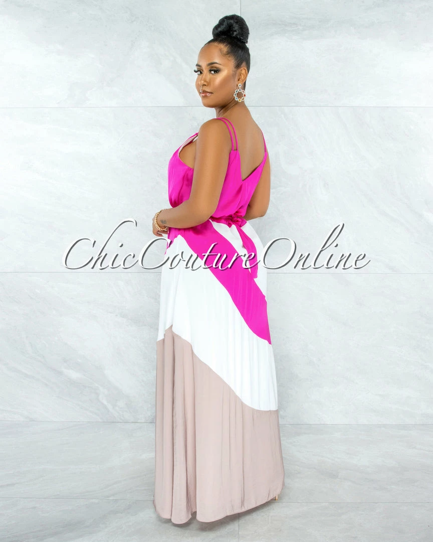 Vendor-unknown JUST IN Merida Hot Pink White Nude Block Color Maxi Dress