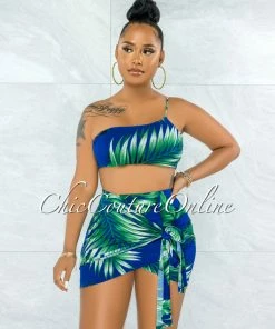 Vendor-unknown JUST IN Alvaro Royal Blue Green Palm Print Two Piece Skirt Set