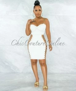 Vendor-unknown Idelle Off-White Denim Gold Link Lace-Up Sides Dress