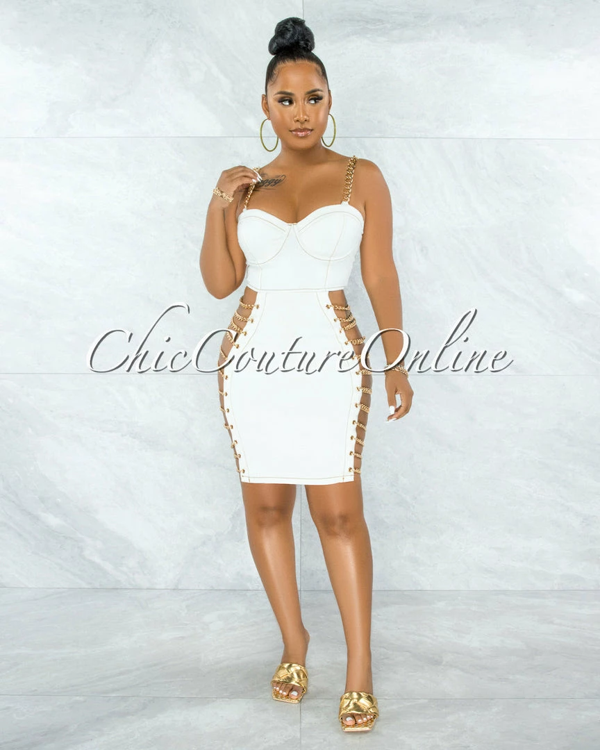 Vendor-unknown Idelle Off-White Denim Gold Link Lace-Up Sides Dress