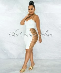 Vendor-unknown Idelle Off-White Denim Gold Link Lace-Up Sides Dress