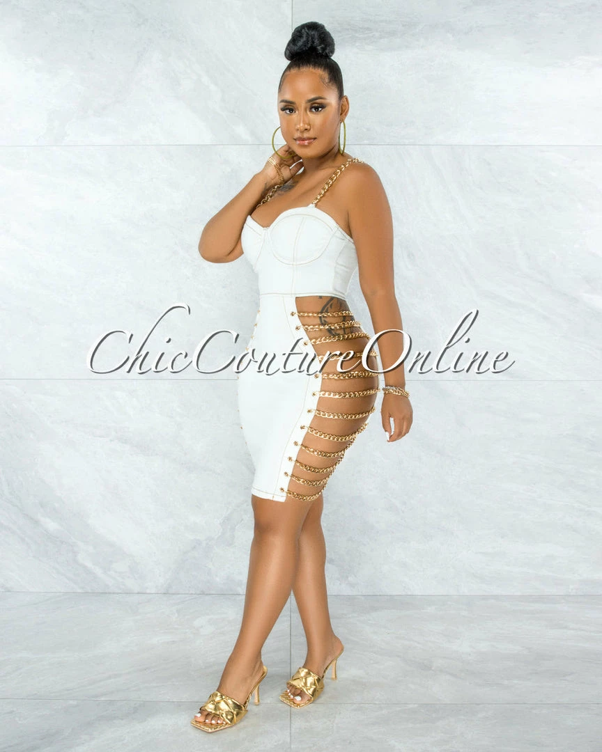 Vendor-unknown Idelle Off-White Denim Gold Link Lace-Up Sides Dress