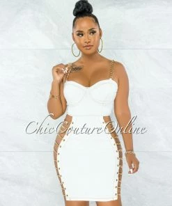 Vendor-unknown Idelle Off-White Denim Gold Link Lace-Up Sides Dress