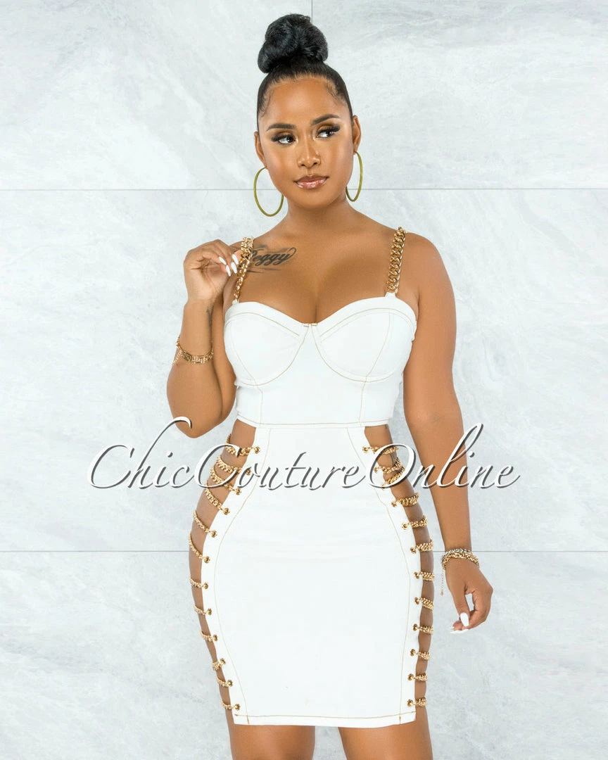 Vendor-unknown Idelle Off-White Denim Gold Link Lace-Up Sides Dress