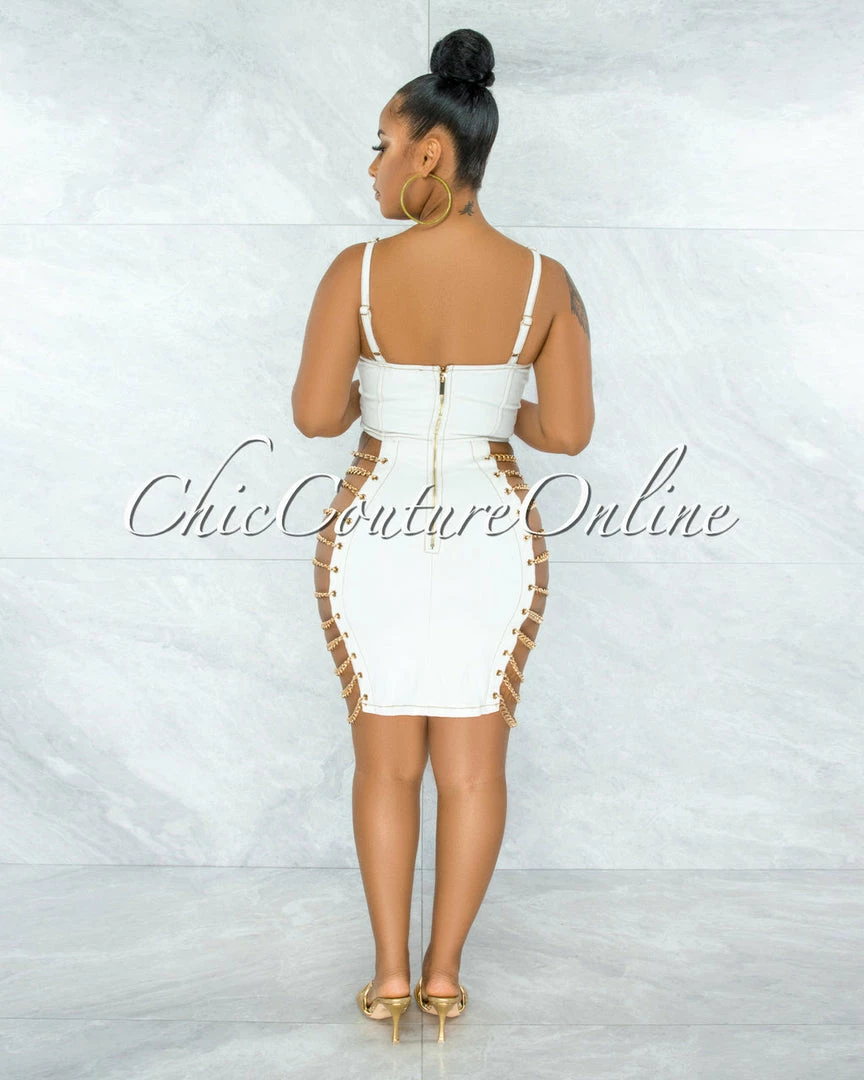 Vendor-unknown Idelle Off-White Denim Gold Link Lace-Up Sides Dress