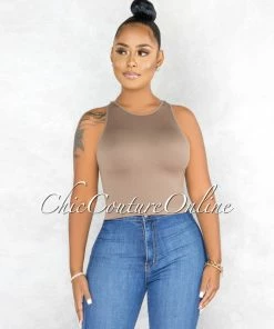 Vendor-unknown JUST IN Grossa Brown Back Racer Ribbed Crop Top