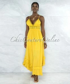 Vendor-unknown Wanetta Yellow Crochet See-Through Waist Maxi Dress