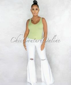 Vendor-unknown Tarina Sage Green V-Neckline Ribbed Top