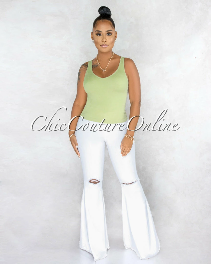 Vendor-unknown Tarina Sage Green V-Neckline Ribbed Top
