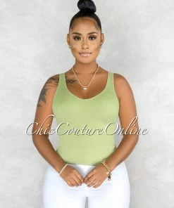 Vendor-unknown Tarina Sage Green V-Neckline Ribbed Top