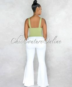 Vendor-unknown Tarina Sage Green V-Neckline Ribbed Top