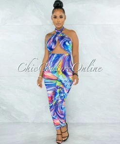 Vendor-unknown Naeva Rainbow Psychedelic Print Halter Cut-Out Jumpsuit JUST IN