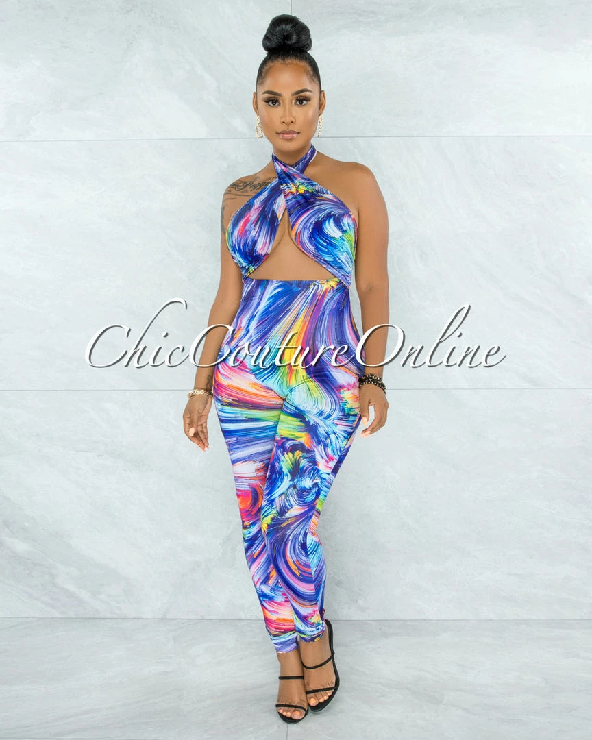 Vendor-unknown Naeva Rainbow Psychedelic Print Halter Cut-Out Jumpsuit JUST IN