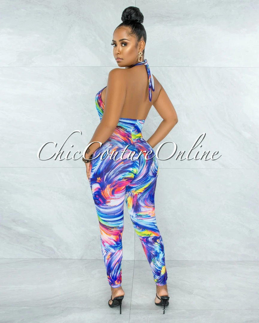 Vendor-unknown Naeva Rainbow Psychedelic Print Halter Cut-Out Jumpsuit JUST IN