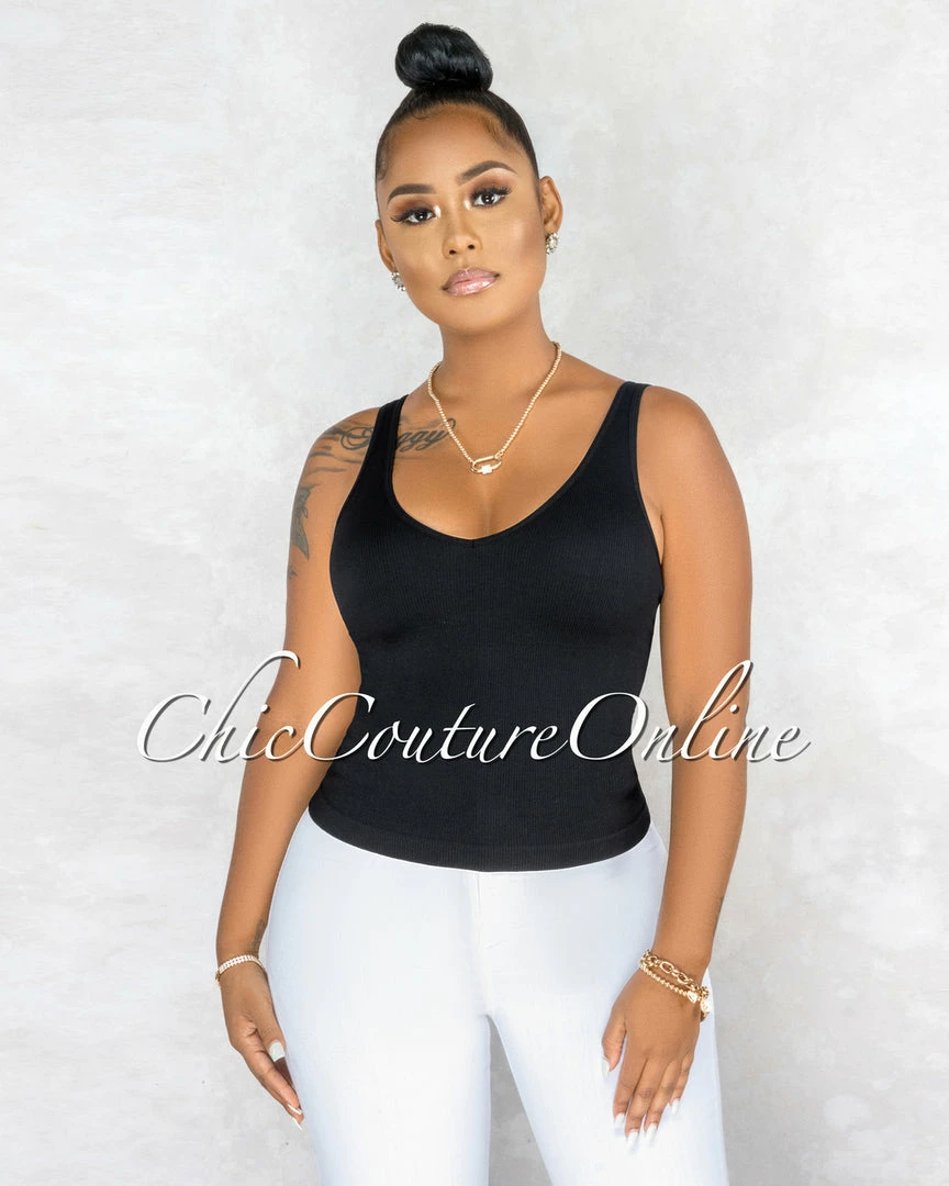 Vendor-unknown JUST IN Tarina Black V-Neckline Ribbed Top