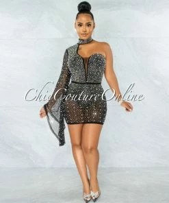 Vendor-unknown Iriana Black Rhinestones & Pearls Single Sleeve Mini Dress
