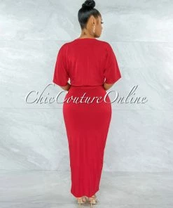 Vendor-unknown Uzuri Red V-Neck Front Drape Maxi Dress JUST IN