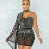 Vendor-unknown Iriana Black Rhinestones & Pearls Single Sleeve Mini Dress
