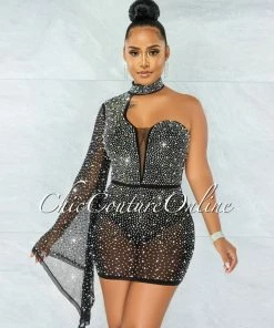 Vendor-unknown Iriana Black Rhinestones & Pearls Single Sleeve Mini Dress