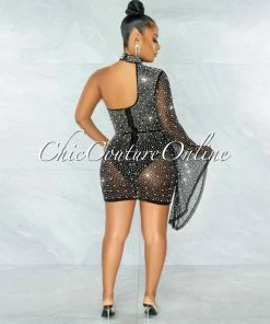 Vendor-unknown Iriana Black Rhinestones & Pearls Single Sleeve Mini Dress