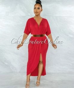 Vendor-unknown Uzuri Red V-Neck Front Drape Maxi Dress JUST IN