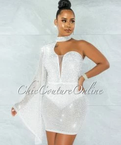 Vendor-unknown JUST IN Iriana White Rhinestones & Pearls Single Sleeve Mini Dress