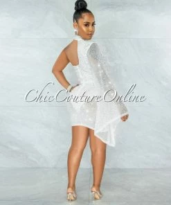 Vendor-unknown JUST IN Iriana White Rhinestones & Pearls Single Sleeve Mini Dress