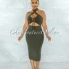 Chic Couture Online Eugene Olive Green Lace-Up Front Cut-Out Midi Dress JUST IN