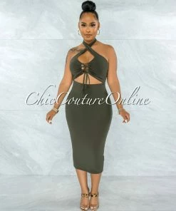 Chic Couture Online Eugene Olive Green Lace-Up Front Cut-Out Midi Dress JUST IN