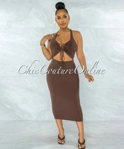 Chic Couture Online Eugene Brown Lace-Up Front Cut-Out Midi Dress