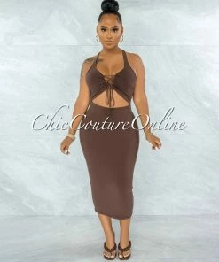 Chic Couture Online Eugene Brown Lace-Up Front Cut-Out Midi Dress